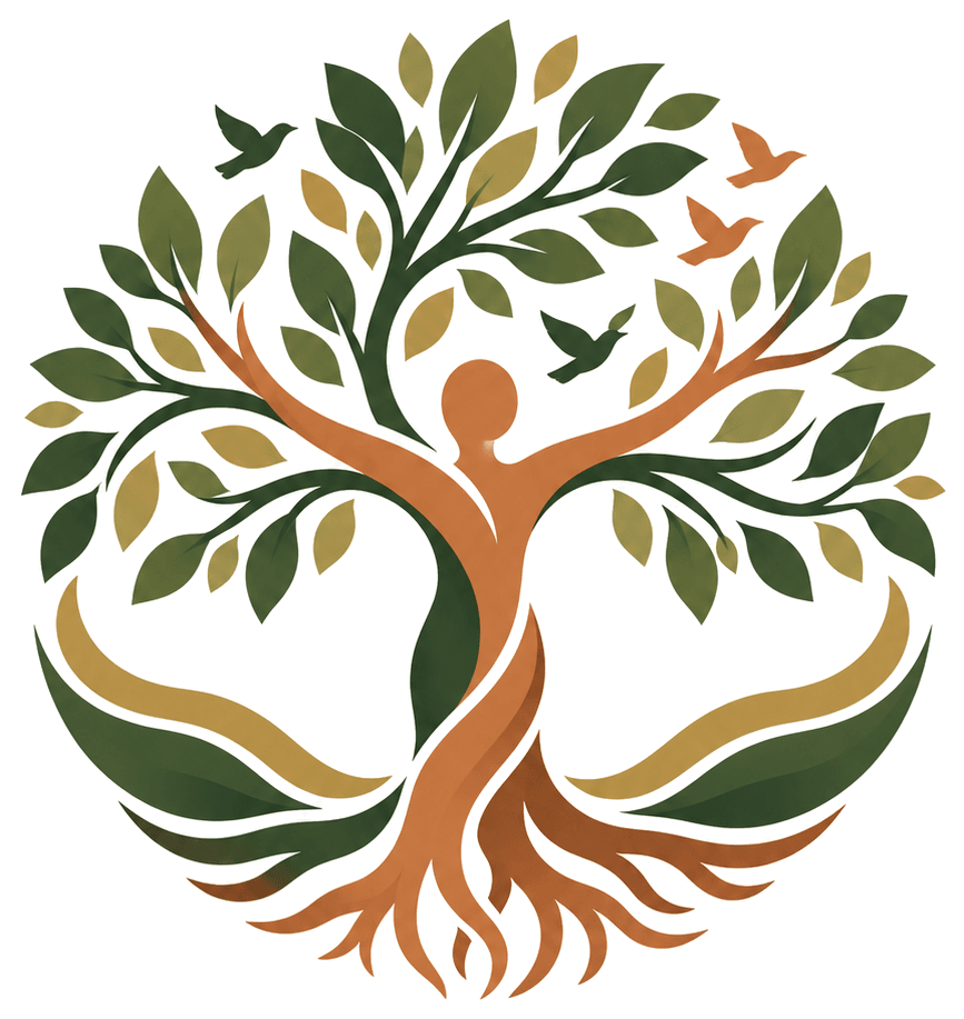 Wildly Human Co mark: a woman rising out of a tree's trunk, arms raised into the branches